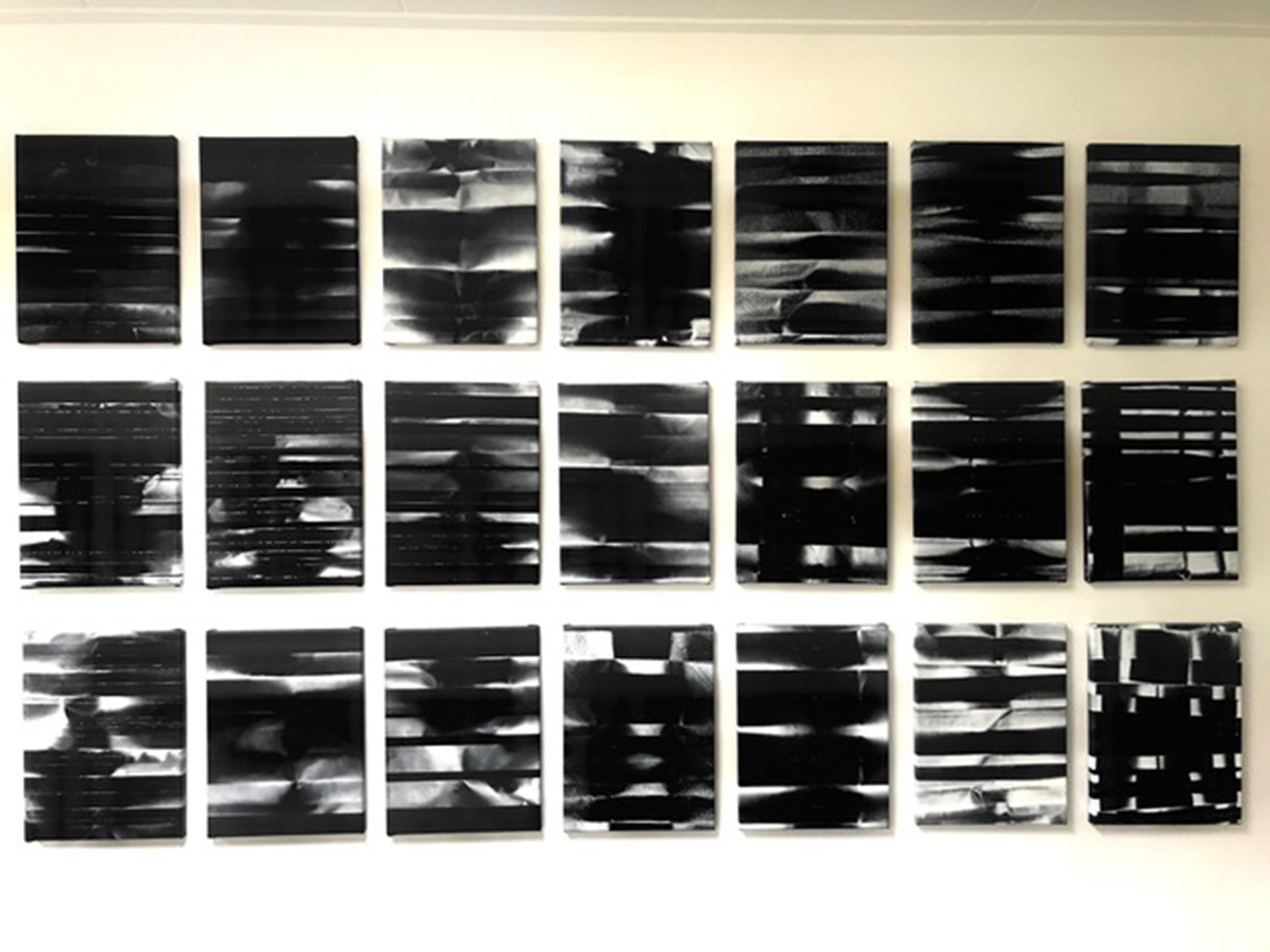 21 schilderijen tonen gradaties van wit, zwart en grijs